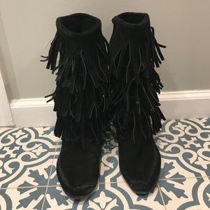 Minnetonka Black Suede Fringe Boots